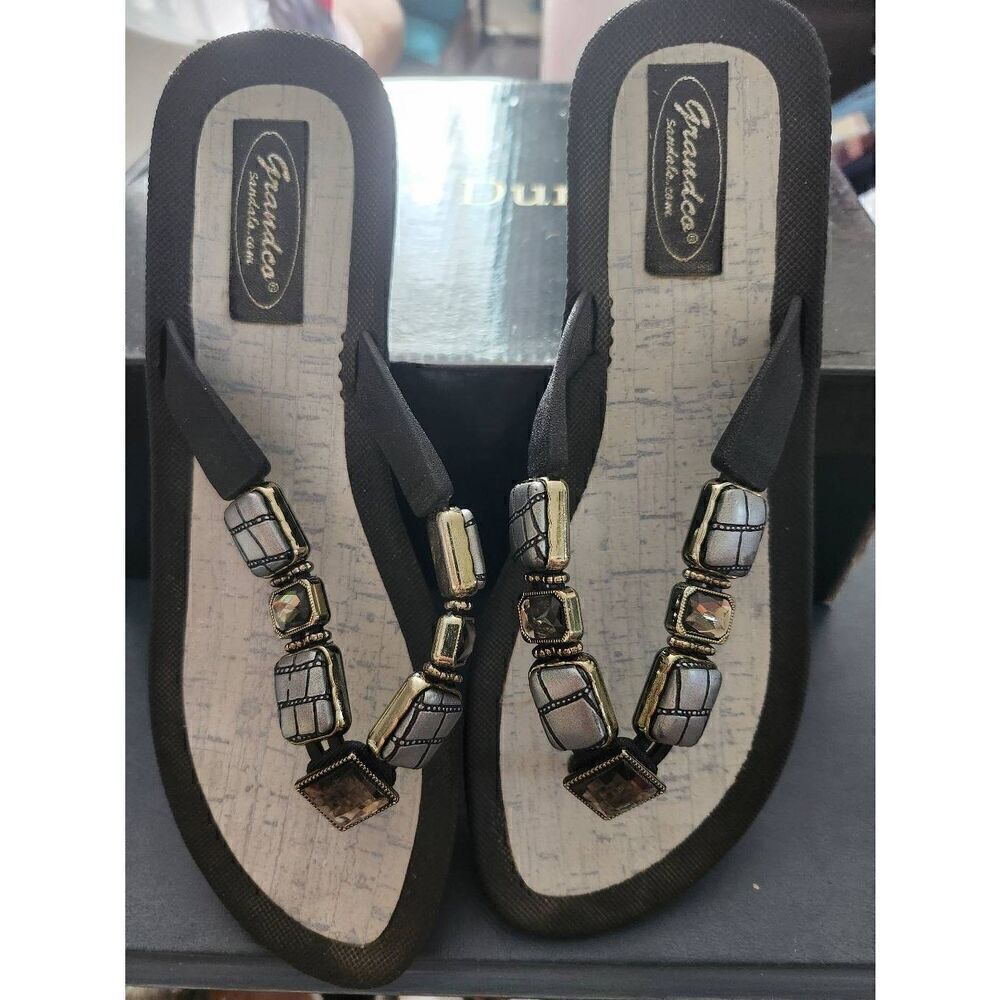 GRANDCO SANDALS SPARKLE V-THONG Silver Bling GEMSTONES & BLACK BASE Beach Pool S